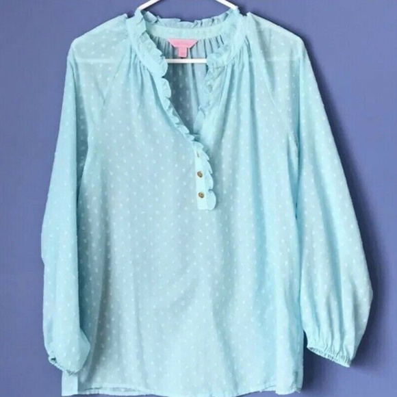 Lilly Pulitzer Tops - Lilly Pulitzer AQUA Pin Dot RUFFLE Elsa Top Blouse Lilly Pulitzer Tops - Lilly Pulitzer AQUA Pin Dot RUFFLE Elsa Top Blouse